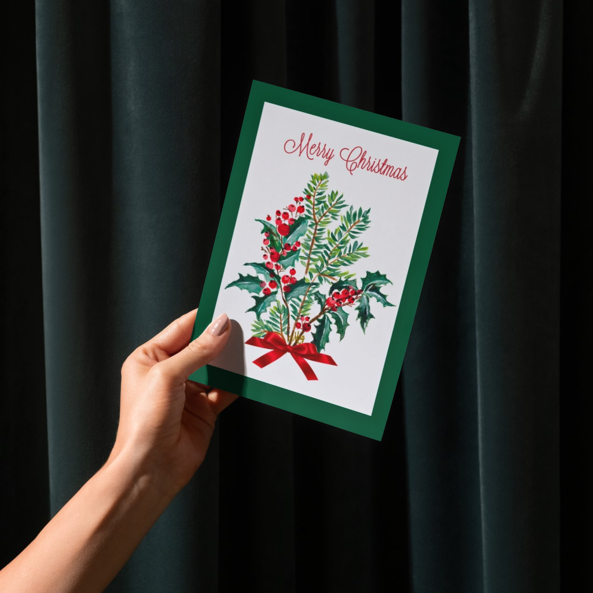 Merry Christmas Holly & Berry Bouquet — Original Acrylic Painting Card | Classic Festive Gift