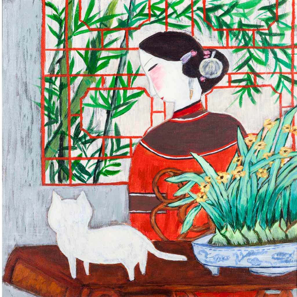 Oriental Lady with Cat – Bamboo Garden Art Greeting Card