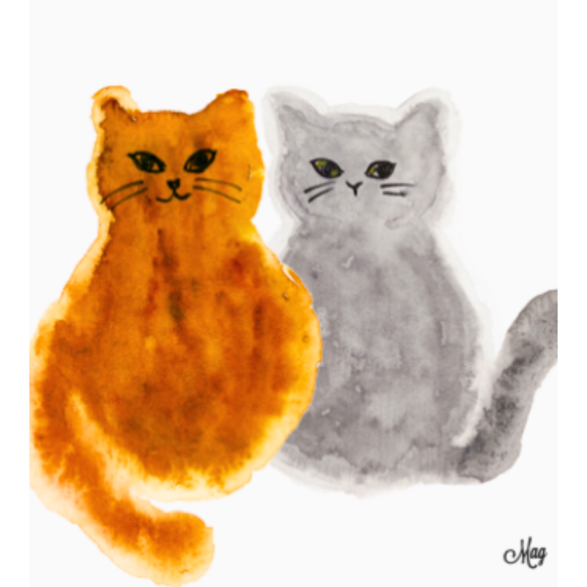 Original Watercolour Cat Art Card – Orange & Gray Companions