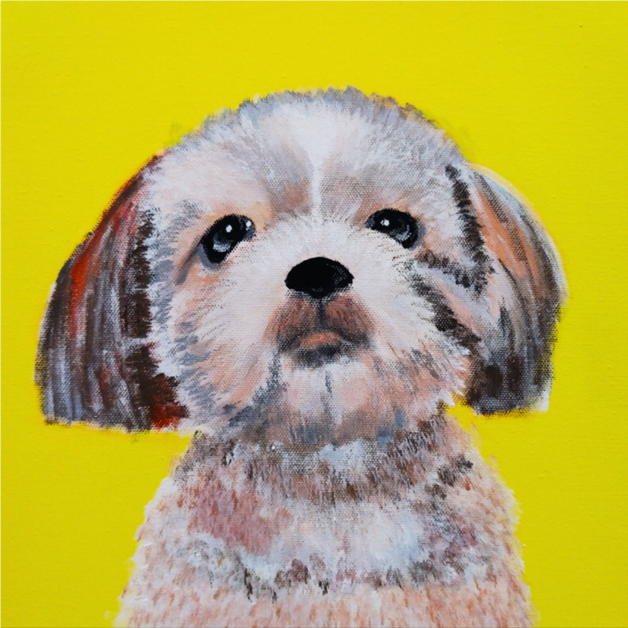 Original Acrylic Dog Portrait Art Card – Bright Yellow Background