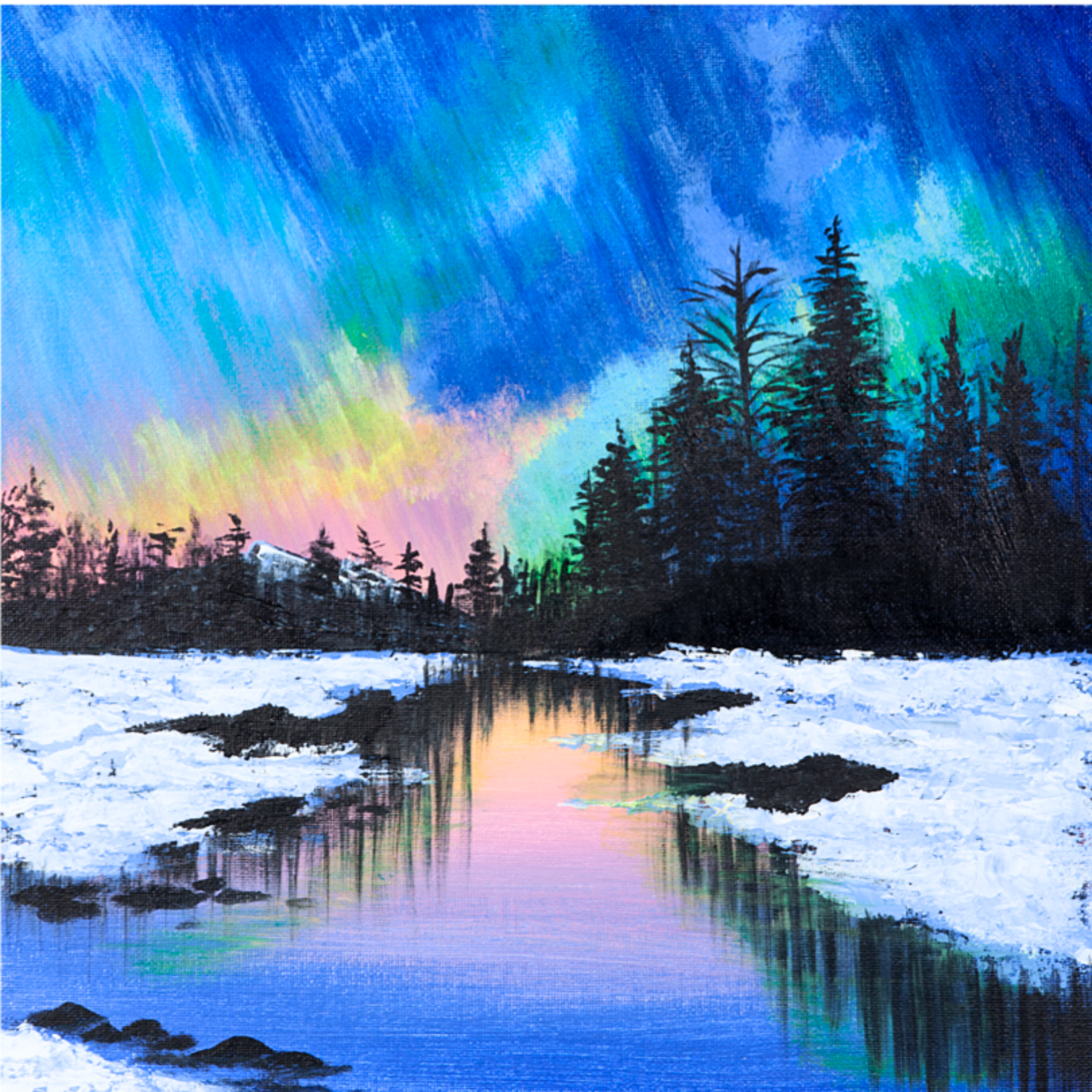 Aurora Borealis Winter Landscape Card – Acrylic Painting