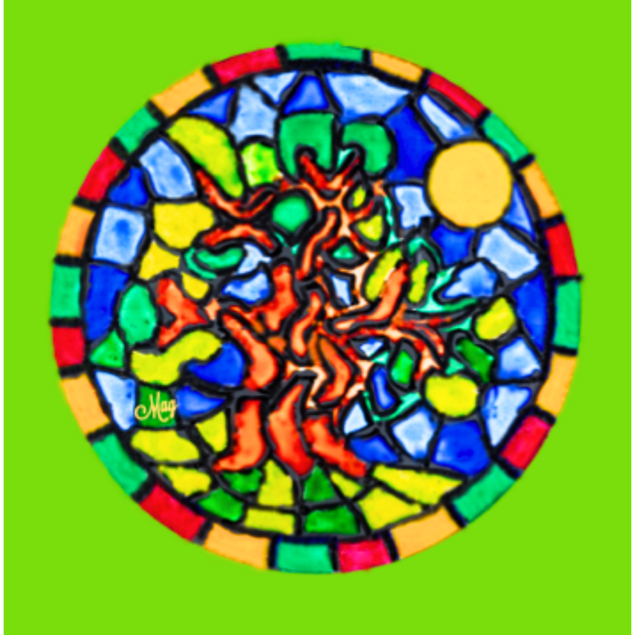 Stained Glass Tree of Life — Original Acrylic Painting Card | Vibrant Sun & Fire Art