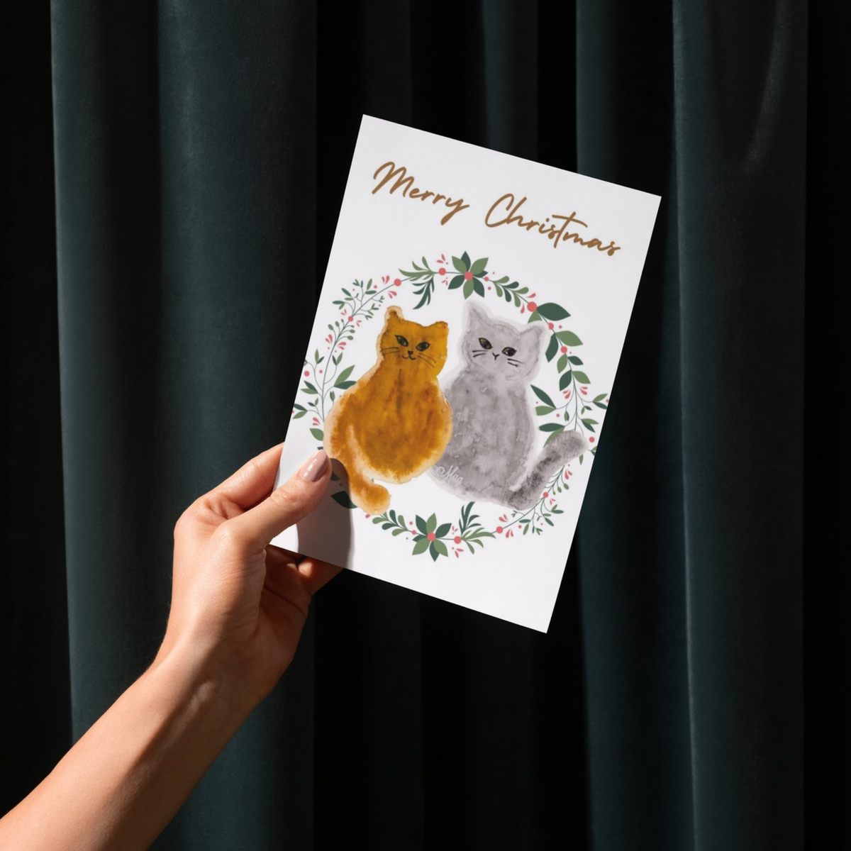 Merry Christmas Two Cats Floral Wreath — Original Acrylic Painting Card | Cat Lover Festive Gift