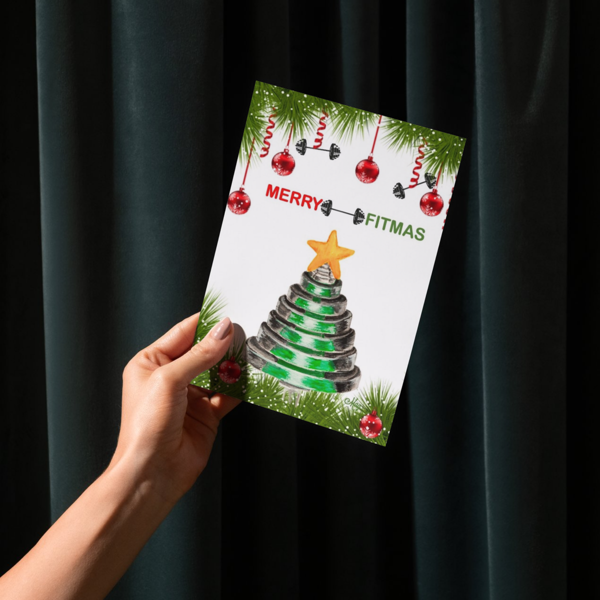 Merry Fitmas Weight Plate Christmas Tree — Original Acrylic Painting Card | Funny Gym Gift