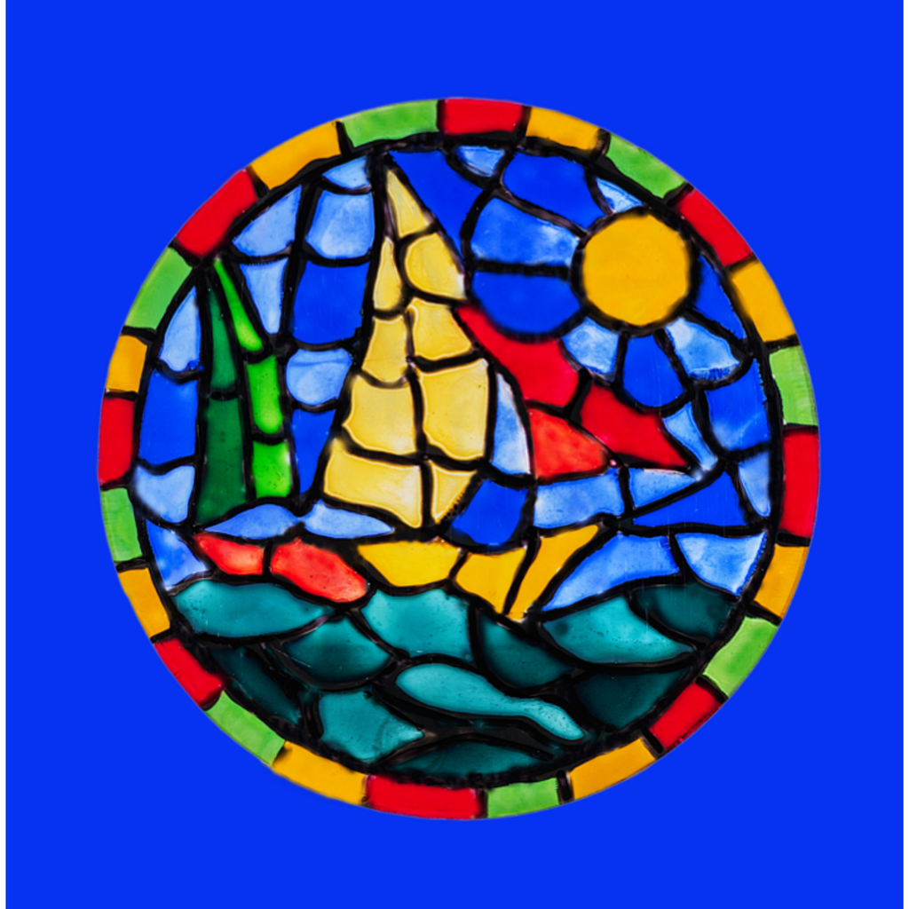 Stained Glass Sailboat at Sea — Original Acrylic Painting Card | Nautical Sun & Ocean Art