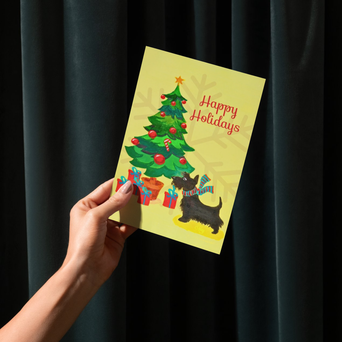 Happy Holidays Scottie Dog & Christmas Tree — Original Acrylic Painting Card | Dog Lover Festive Gift
