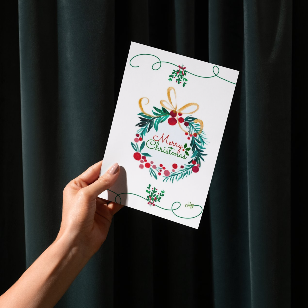 Merry Christmas Wreath & Golden Bow — Original Acrylic Painting Card | Elegant Festive Gift