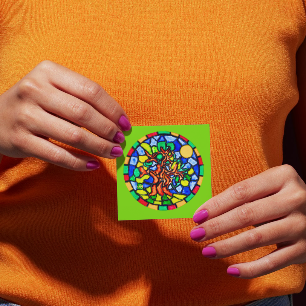 Stained Glass Tree of Life — Original Acrylic Painting Card | Vibrant Sun & Fire Art