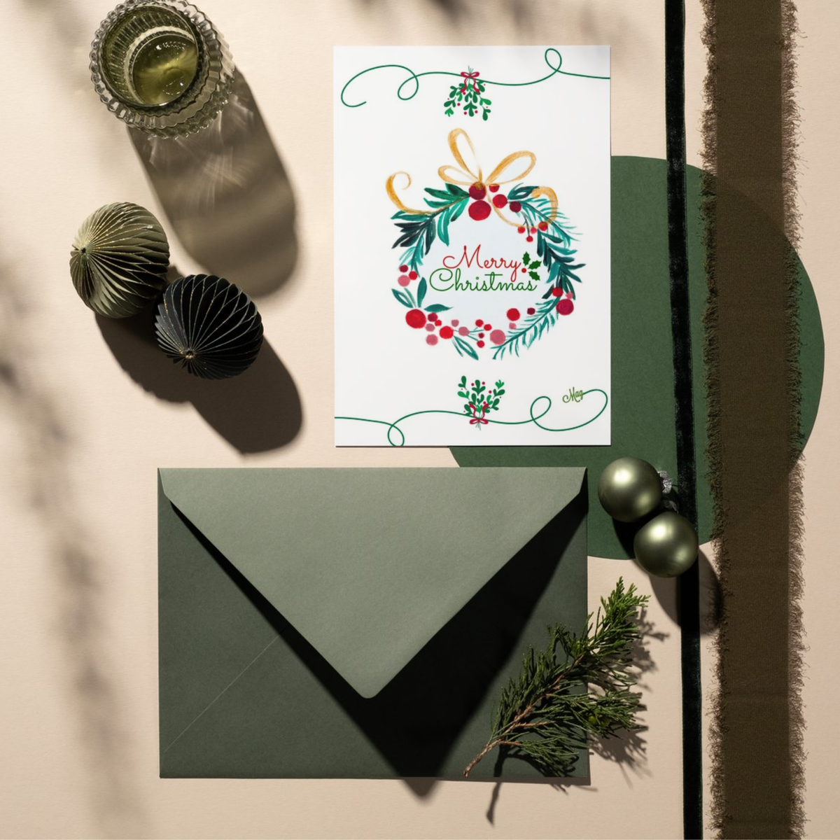 Merry Christmas Wreath & Golden Bow — Original Acrylic Painting Card | Elegant Festive Gift