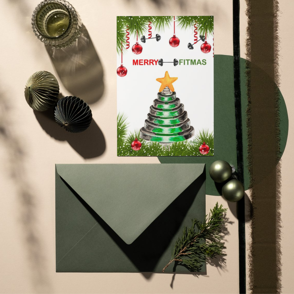 Merry Fitmas Weight Plate Christmas Tree — Original Acrylic Painting Card | Funny Gym Gift
