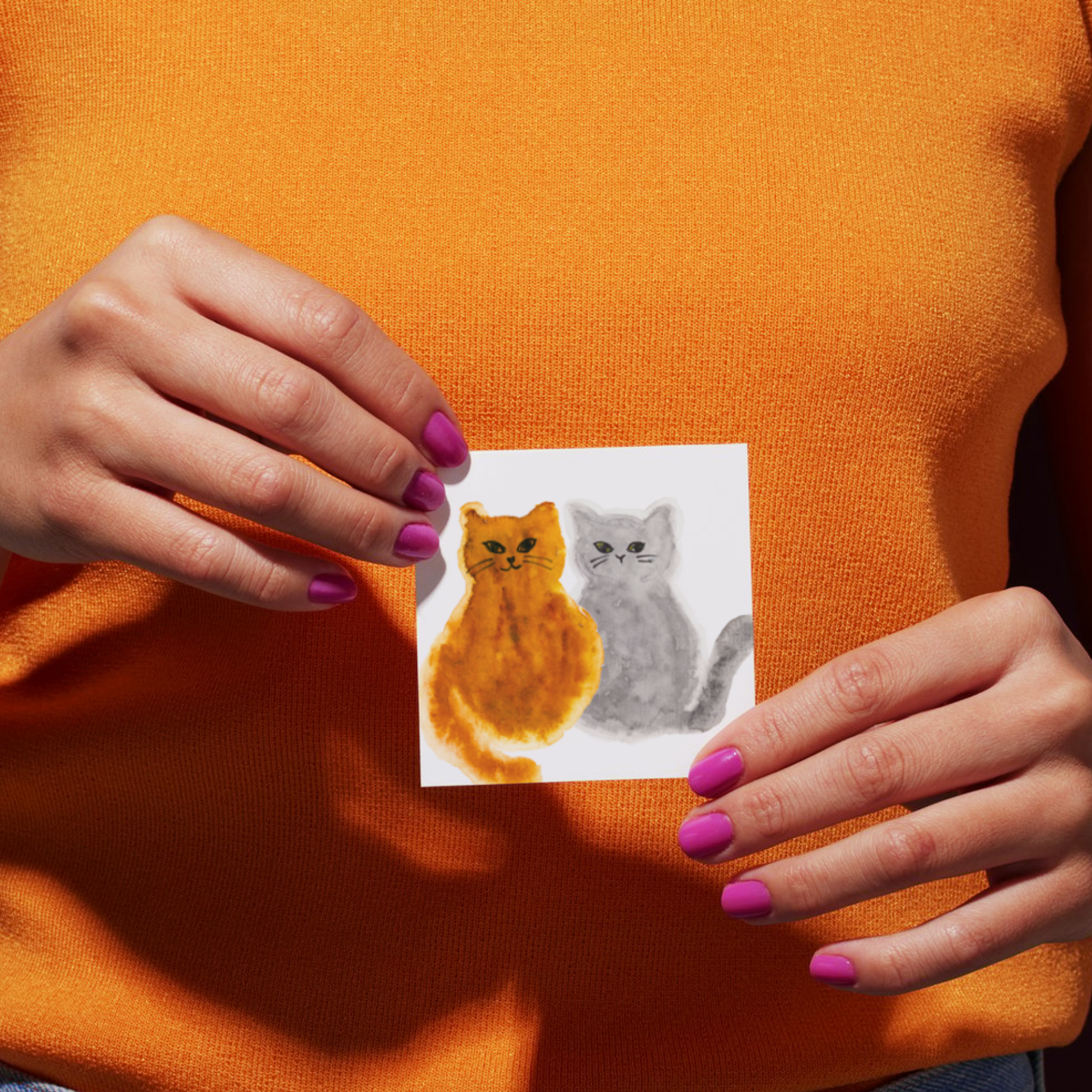Original Watercolour Cat Art Card – Orange & Gray Companions