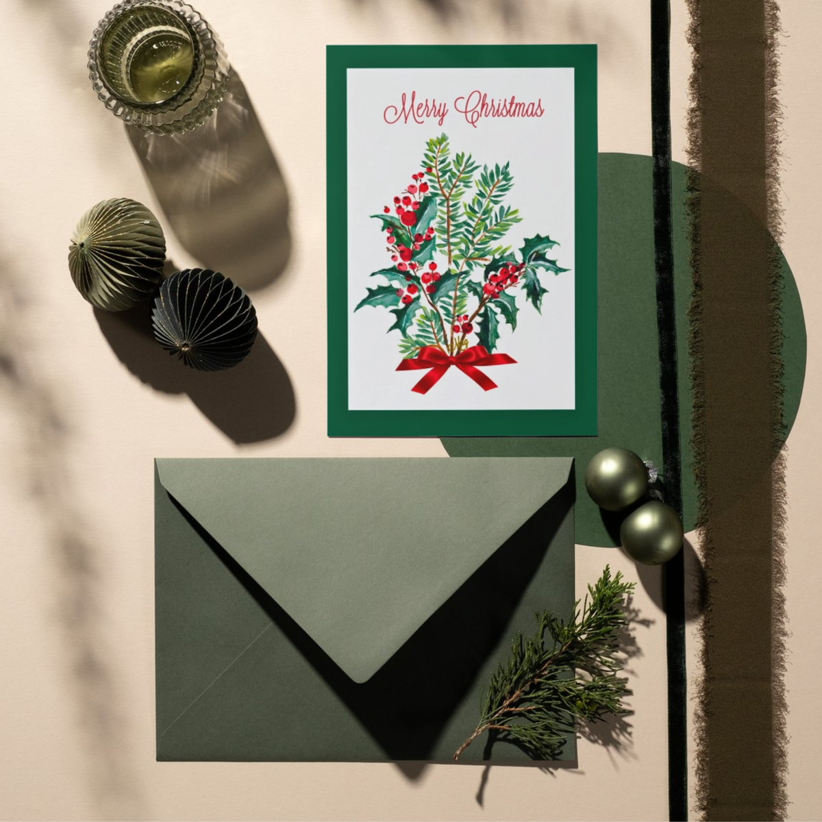 Merry Christmas Holly & Berry Bouquet — Original Acrylic Painting Card | Classic Festive Gift