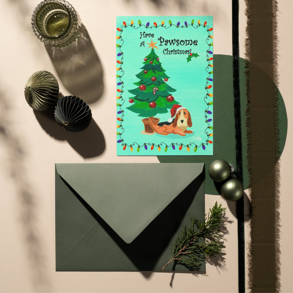 Have A Pawsome Christmas Basset Hound — Original Acrylic Painting Card | Funny Dog Lover Gift