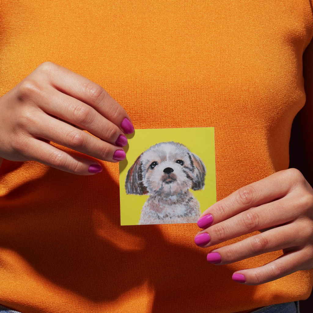 Original Acrylic Dog Portrait Art Card – Bright Yellow Background