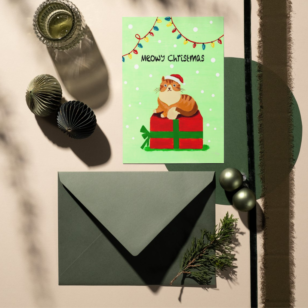 Meowy Christmas Santa Cat on Gift Box — Original Acrylic Painting Card | Funny Cat Lover Gift