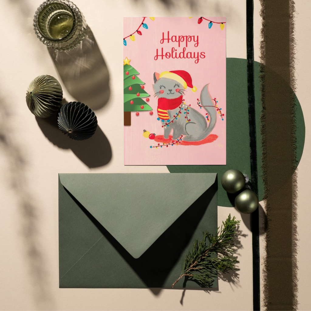 Happy Holidays Grey Cat & Fairy Lights — Original Acrylic Painting Card | Cute Cat Festive Gift