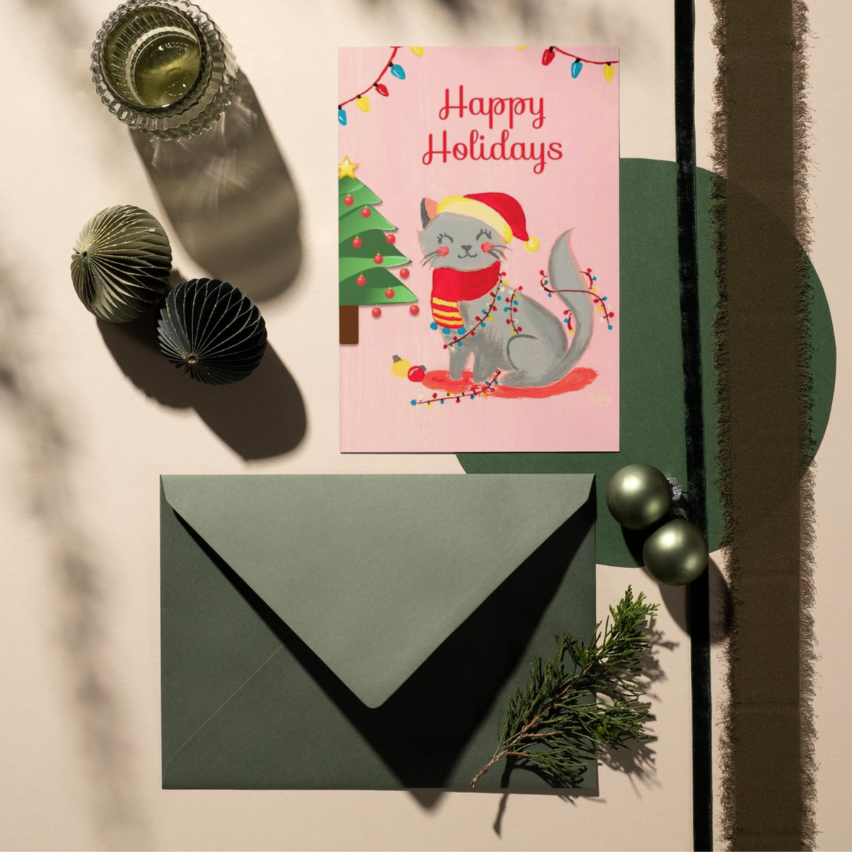 Happy Holidays Grey Cat & Fairy Lights — Original Acrylic Painting Card | Cute Cat Festive Gift