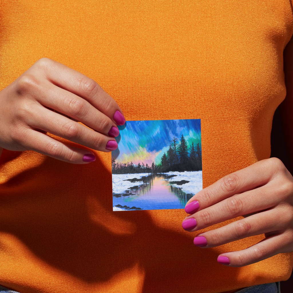 Aurora Borealis Winter Landscape Card – Acrylic Painting