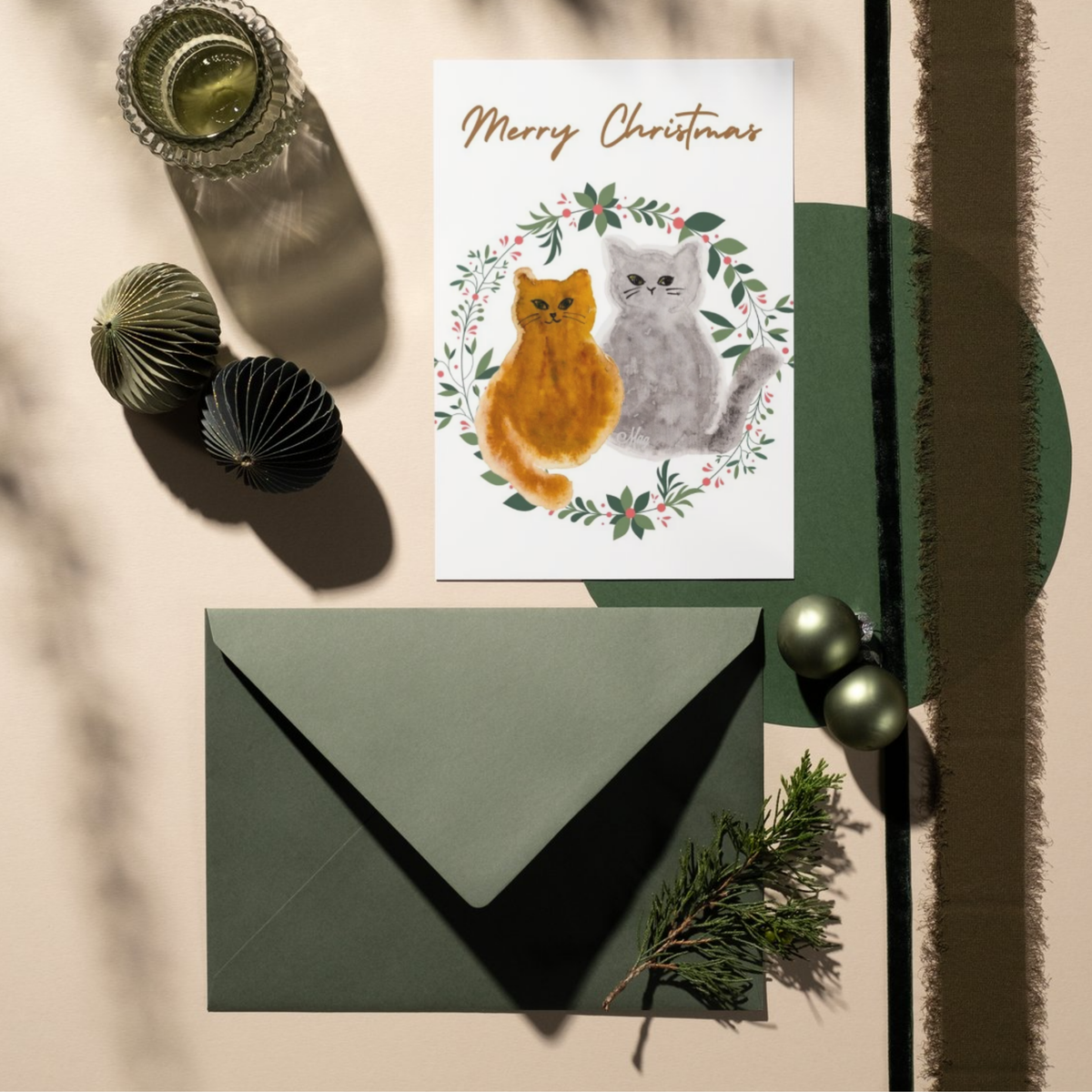 Merry Christmas Two Cats Floral Wreath — Original Acrylic Painting Card | Cat Lover Festive Gift