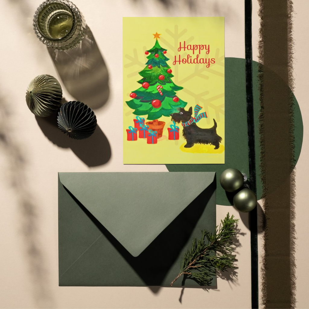 Happy Holidays Scottie Dog & Christmas Tree — Original Acrylic Painting Card | Dog Lover Festive Gift