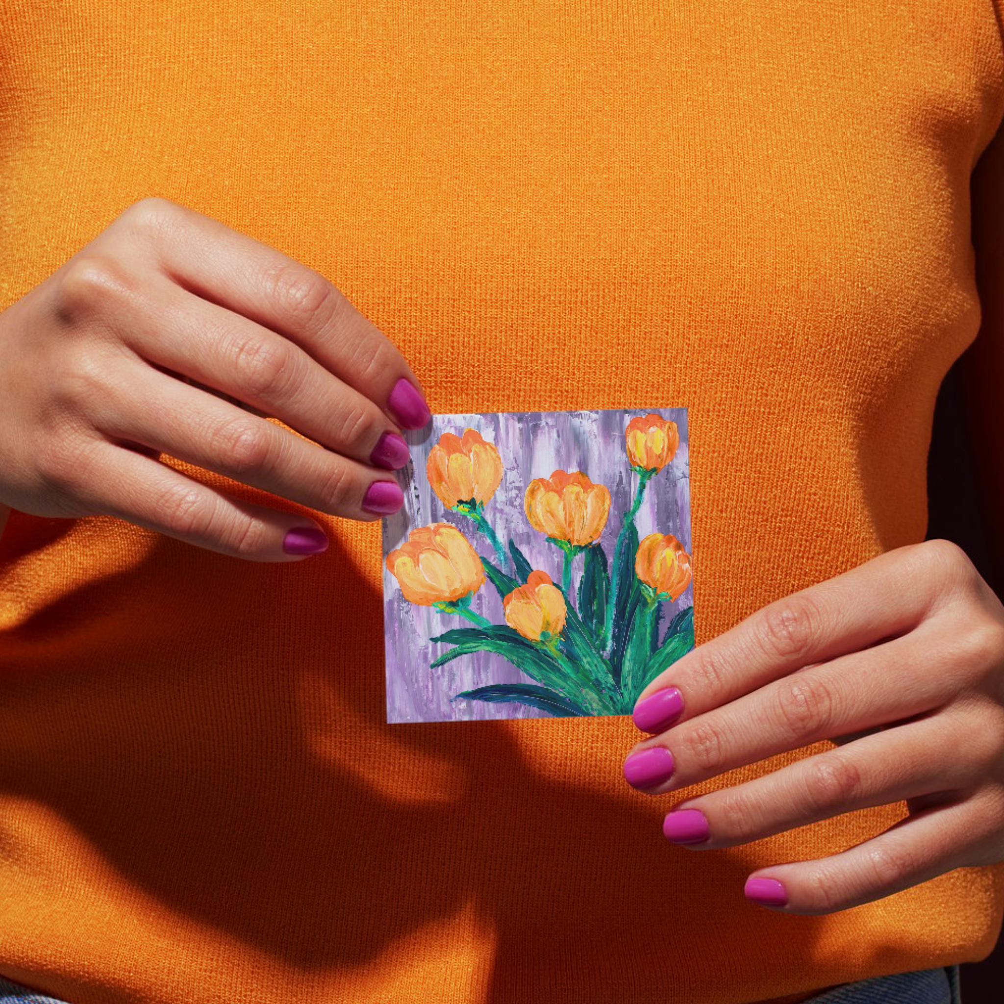 Orange Tulips Floral Card – Impasto Acrylic Painting Design