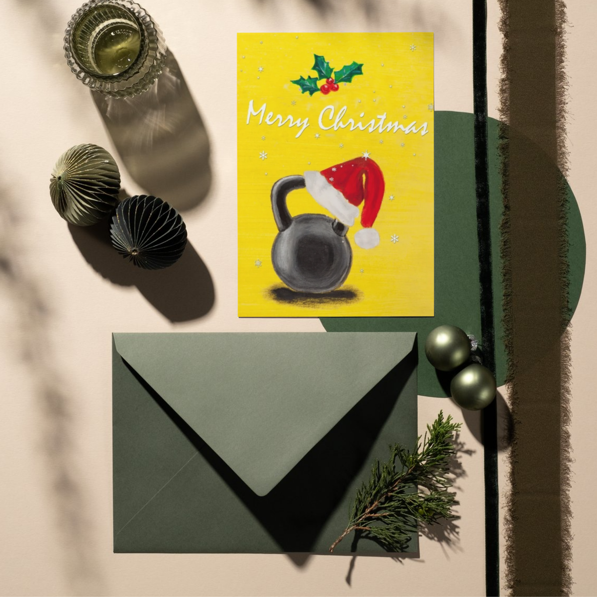 Merry Christmas Kettlebell Santa — Original Acrylic Painting Card | Funny Gym Fitness Gift