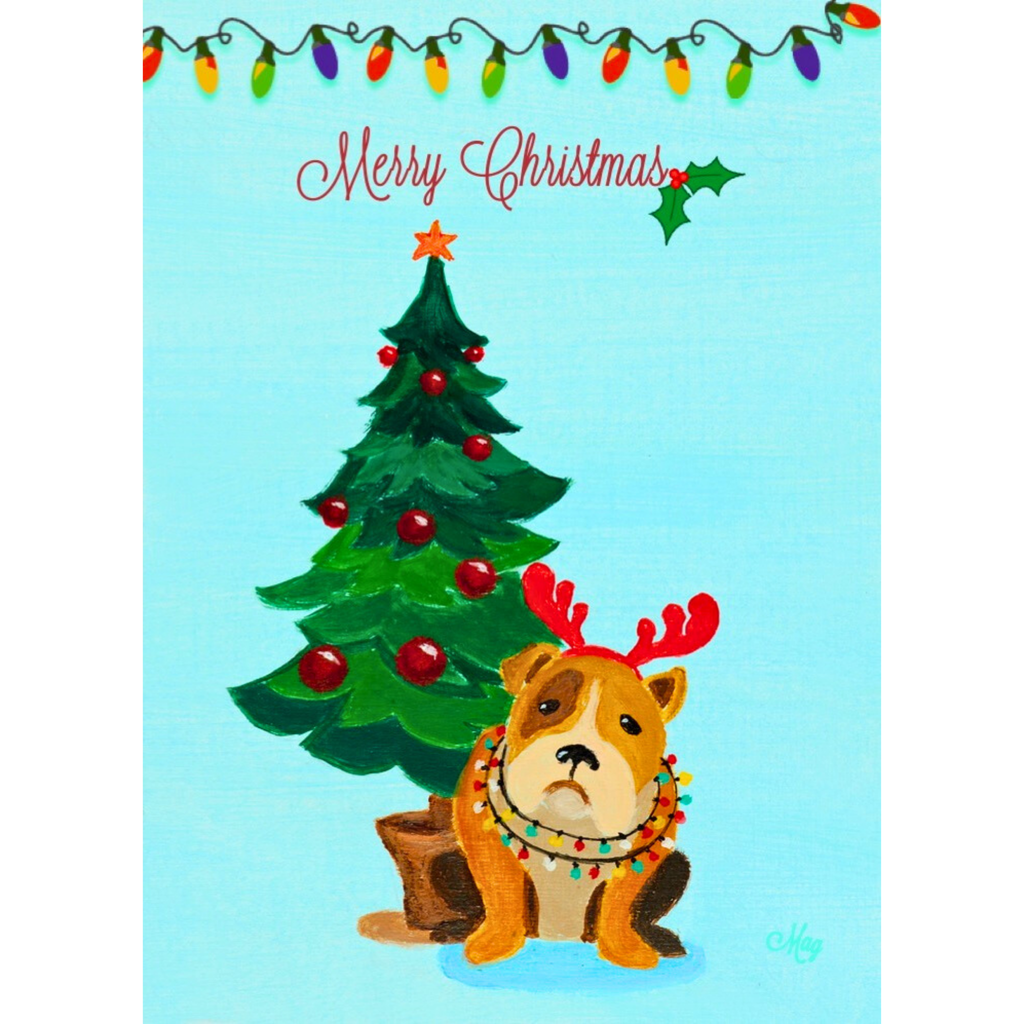 Merry Christmas Grumpy Bulldog Reindeer — Original Acrylic Painting Card | Funny Dog Lover Gift