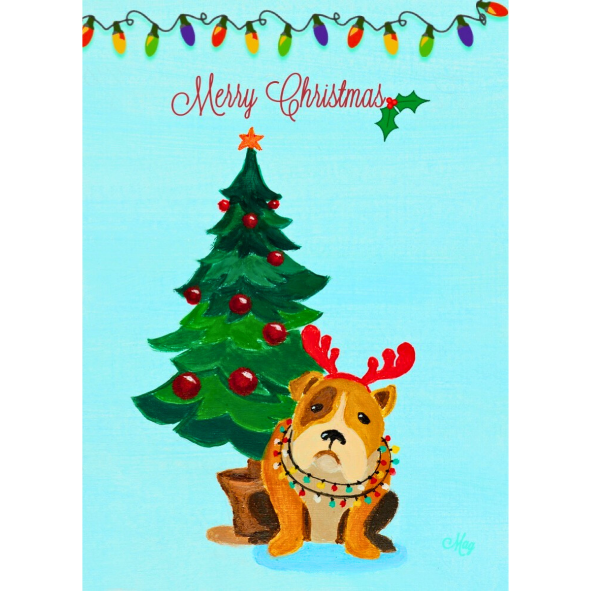 Merry Christmas Grumpy Bulldog Reindeer — Original Acrylic Painting Card | Funny Dog Lover Gift