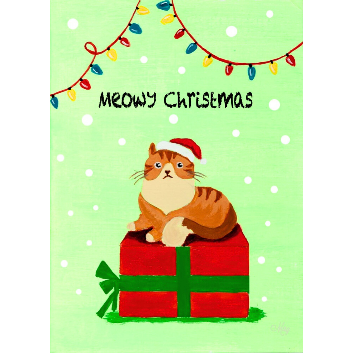 Meowy Christmas Santa Cat on Gift Box — Original Acrylic Painting Card | Funny Cat Lover Gift