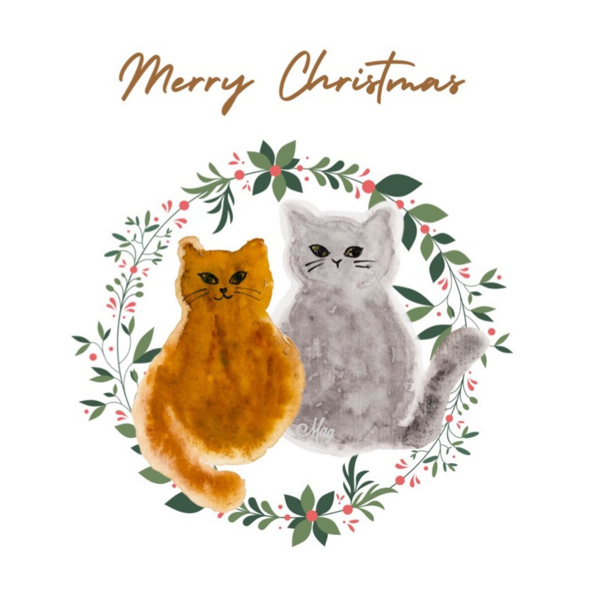 Merry Christmas Two Cats Floral Wreath — Original Acrylic Painting Card | Cat Lover Festive Gift