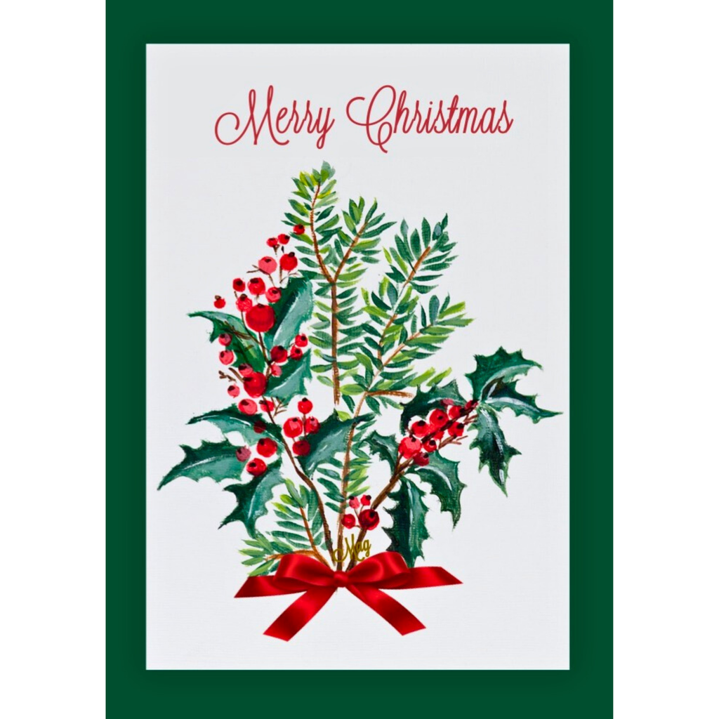 Merry Christmas Holly & Berry Bouquet — Original Acrylic Painting Card | Classic Festive Gift