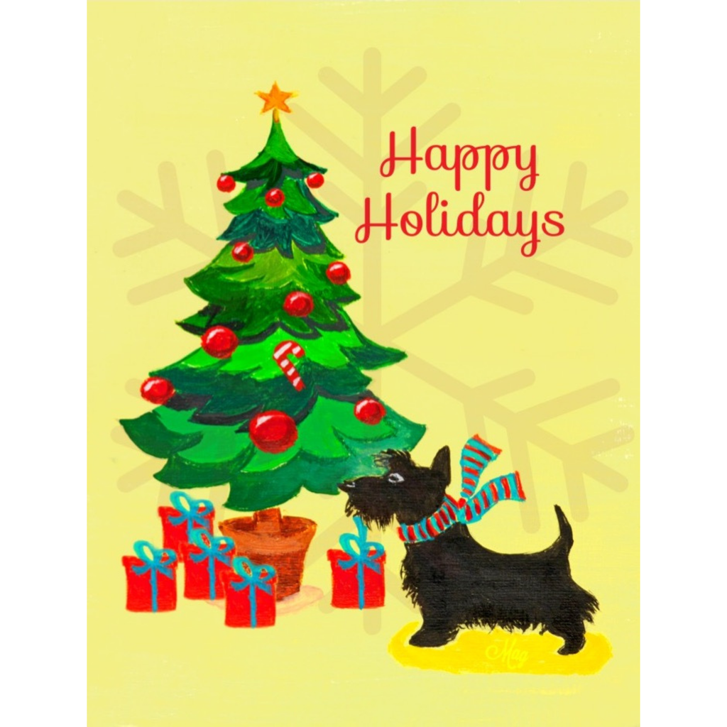 Happy Holidays Scottie Dog & Christmas Tree — Original Acrylic Painting Card | Dog Lover Festive Gift