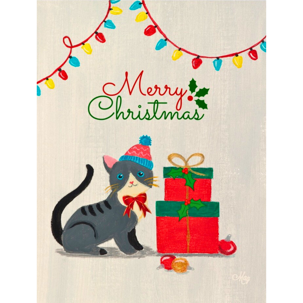 Merry Christmas Kitten in Bobble Hat & Gift Boxes — Original Acrylic Painting Card | Cute Cat Gift