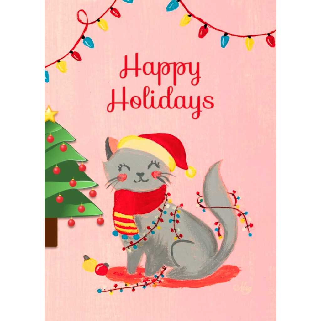 Happy Holidays Grey Cat & Fairy Lights — Original Acrylic Painting Card | Cute Cat Festive Gift