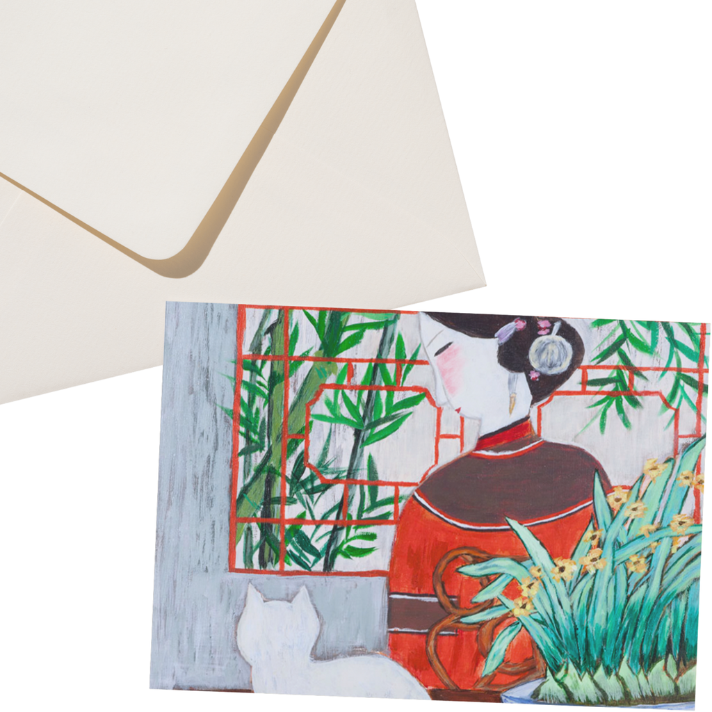 Oriental Lady with Cat – Bamboo Garden Art Greeting Card
