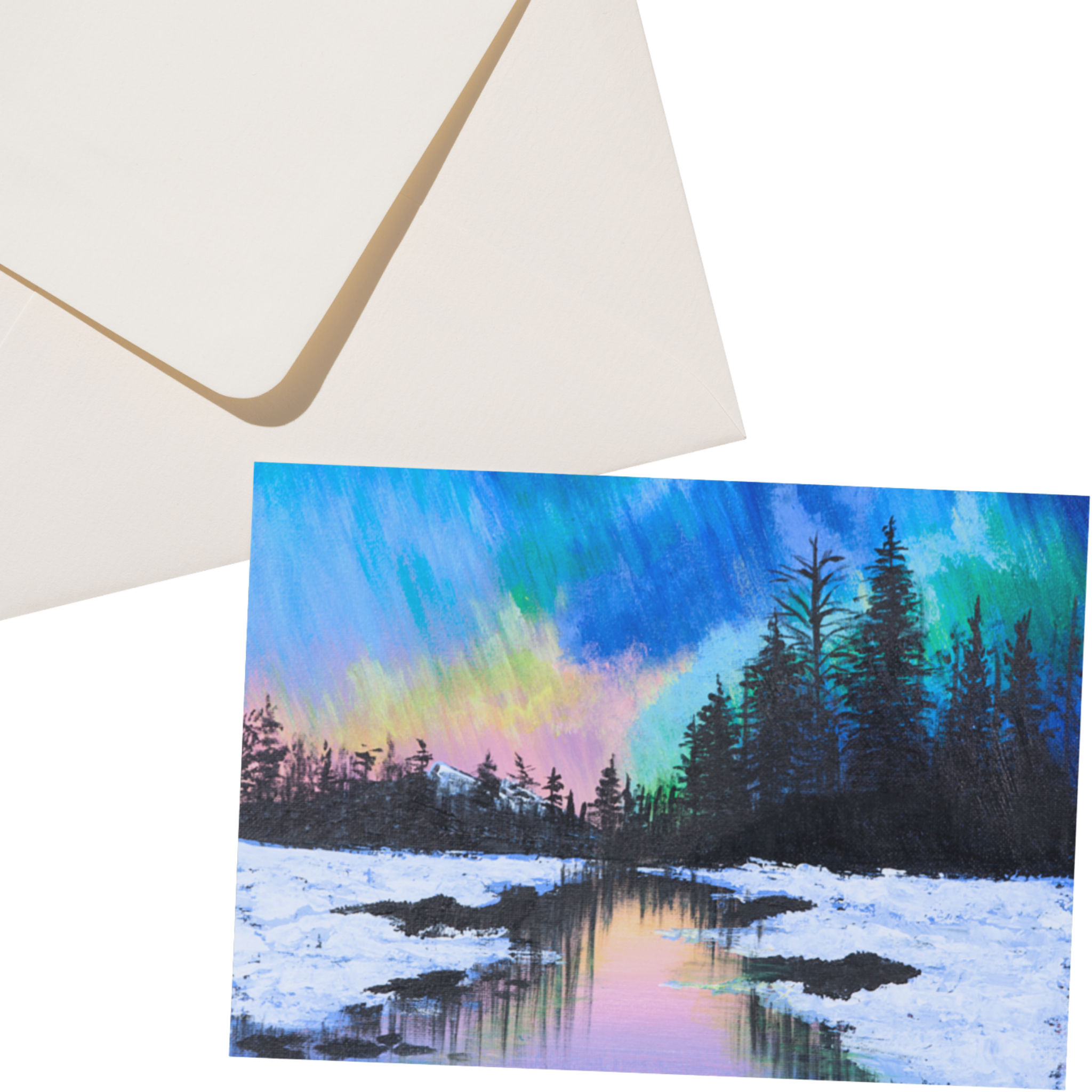 Aurora Borealis Winter Landscape Card – Acrylic Painting
