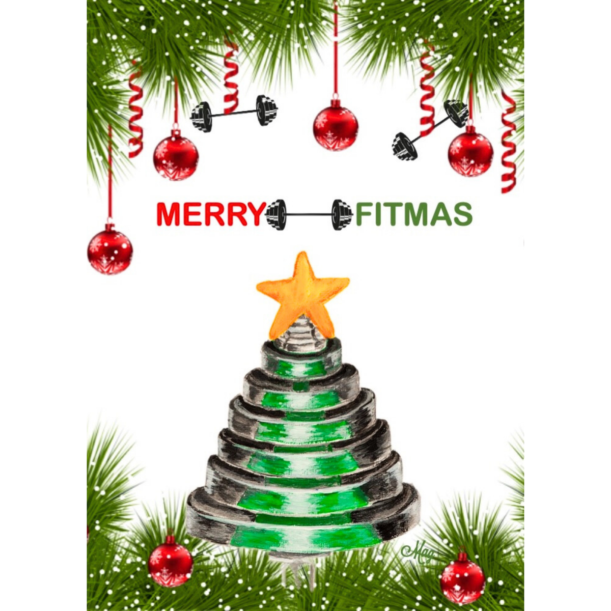 Merry Fitmas Weight Plate Christmas Tree — Original Acrylic Painting Card | Funny Gym Gift