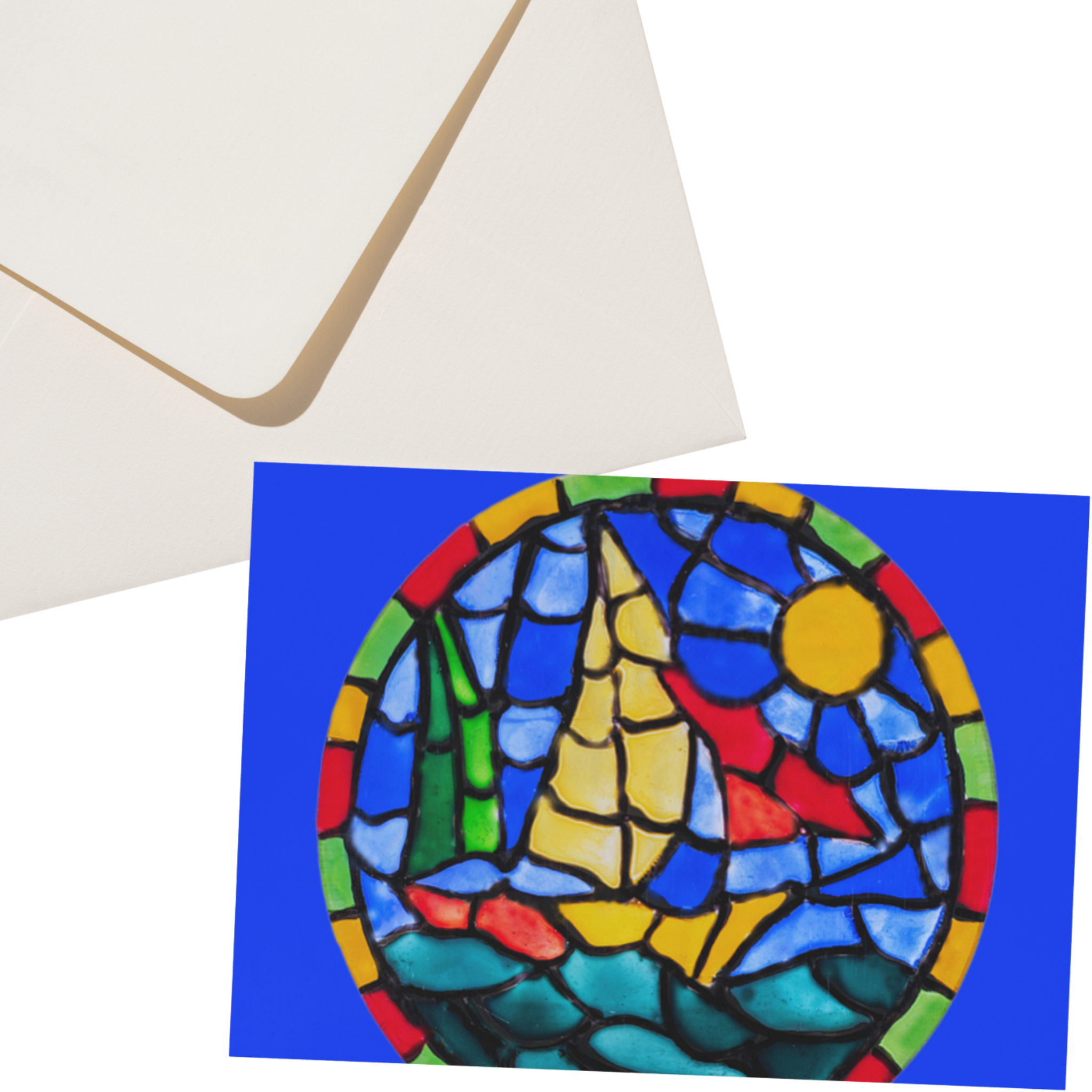 Stained Glass Sailboat at Sea — Original Acrylic Painting Card | Nautical Sun & Ocean Art