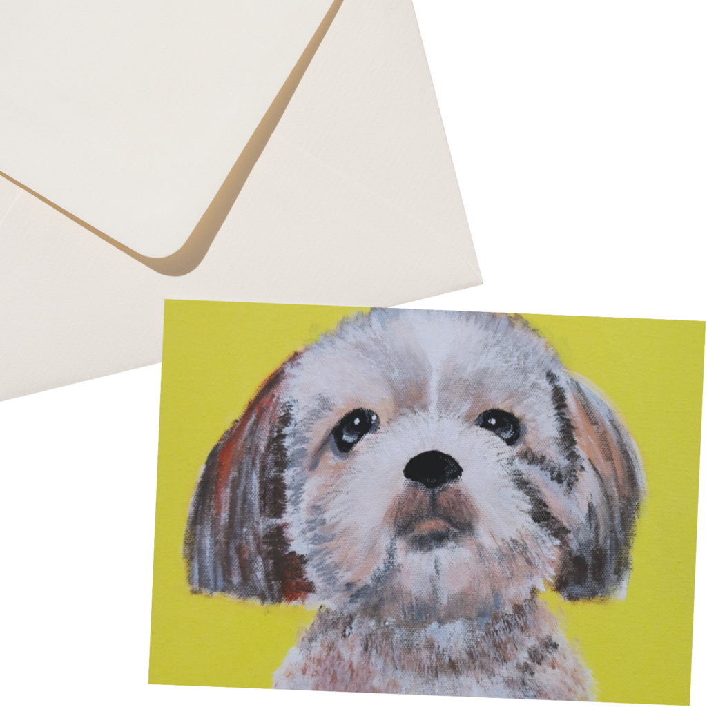 Original Acrylic Dog Portrait Art Card – Bright Yellow Background