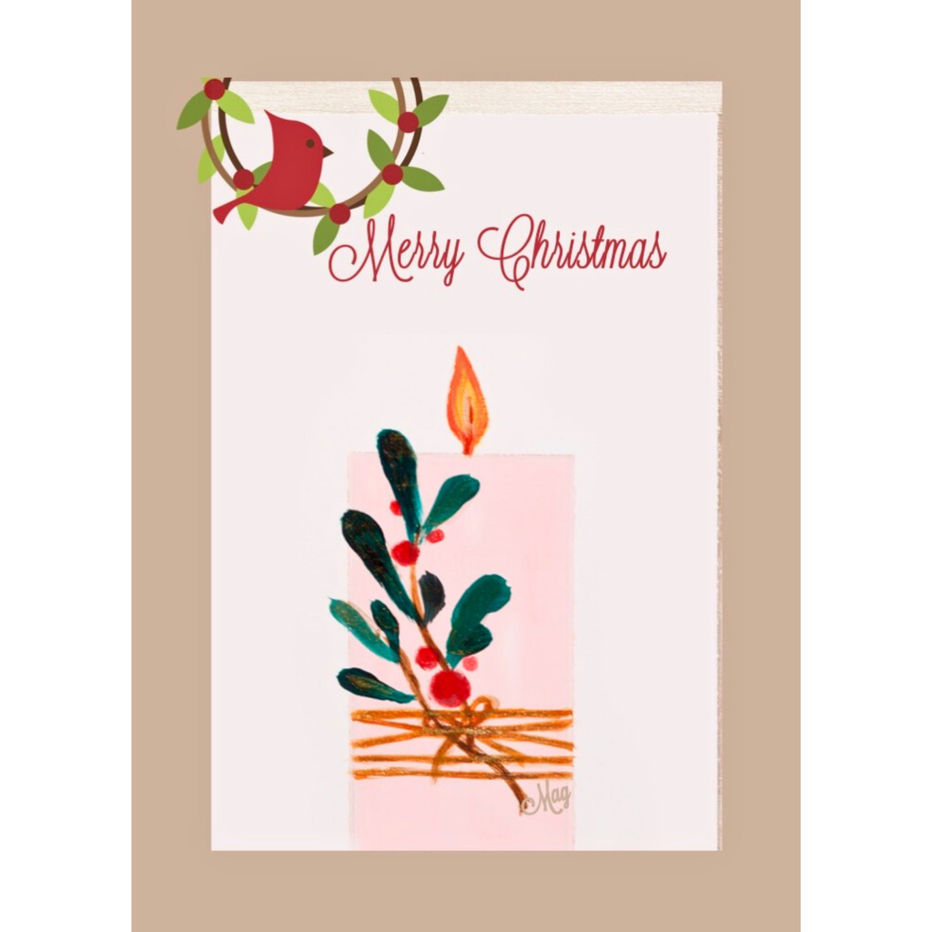 Merry Christmas Candle & Robin — Original Acrylic Painting Card | Warm Festive Gift