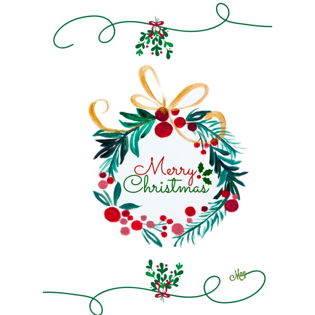 Merry Christmas Wreath & Golden Bow — Original Acrylic Painting Card | Elegant Festive Gift
