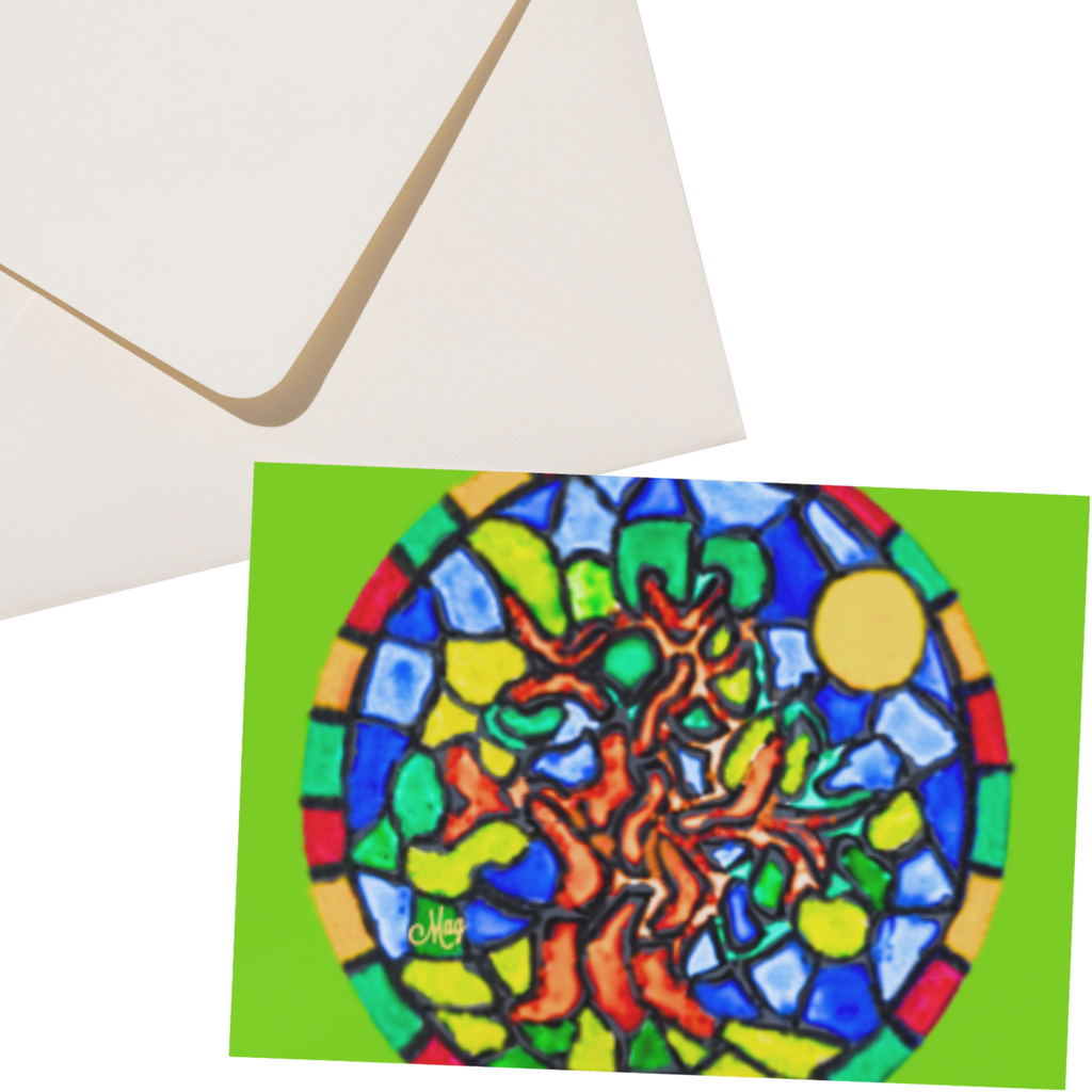 Stained Glass Tree of Life — Original Acrylic Painting Card | Vibrant Sun & Fire Art