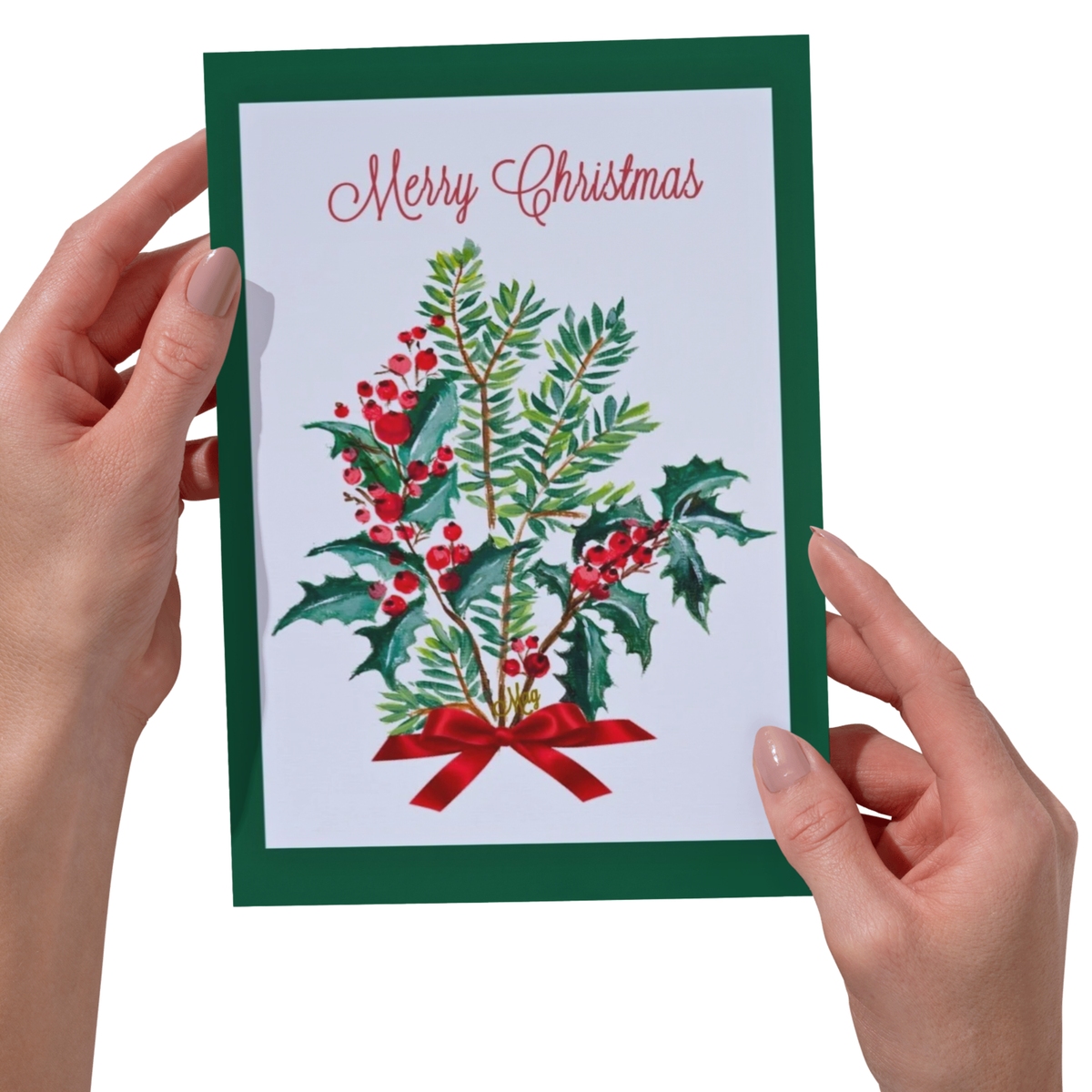 Merry Christmas Holly & Berry Bouquet — Original Acrylic Painting Card | Classic Festive Gift
