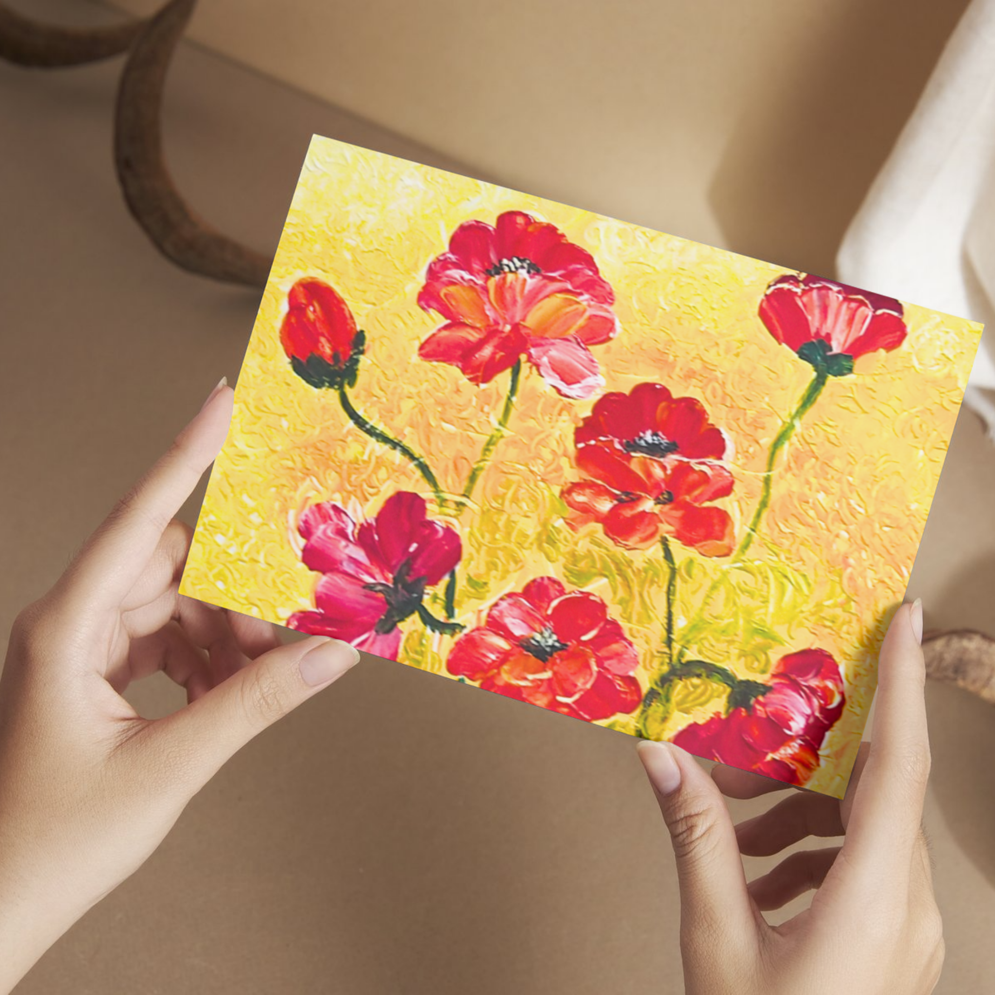 Golden Field Poppies Floral Card – Acrylic Painting Design
