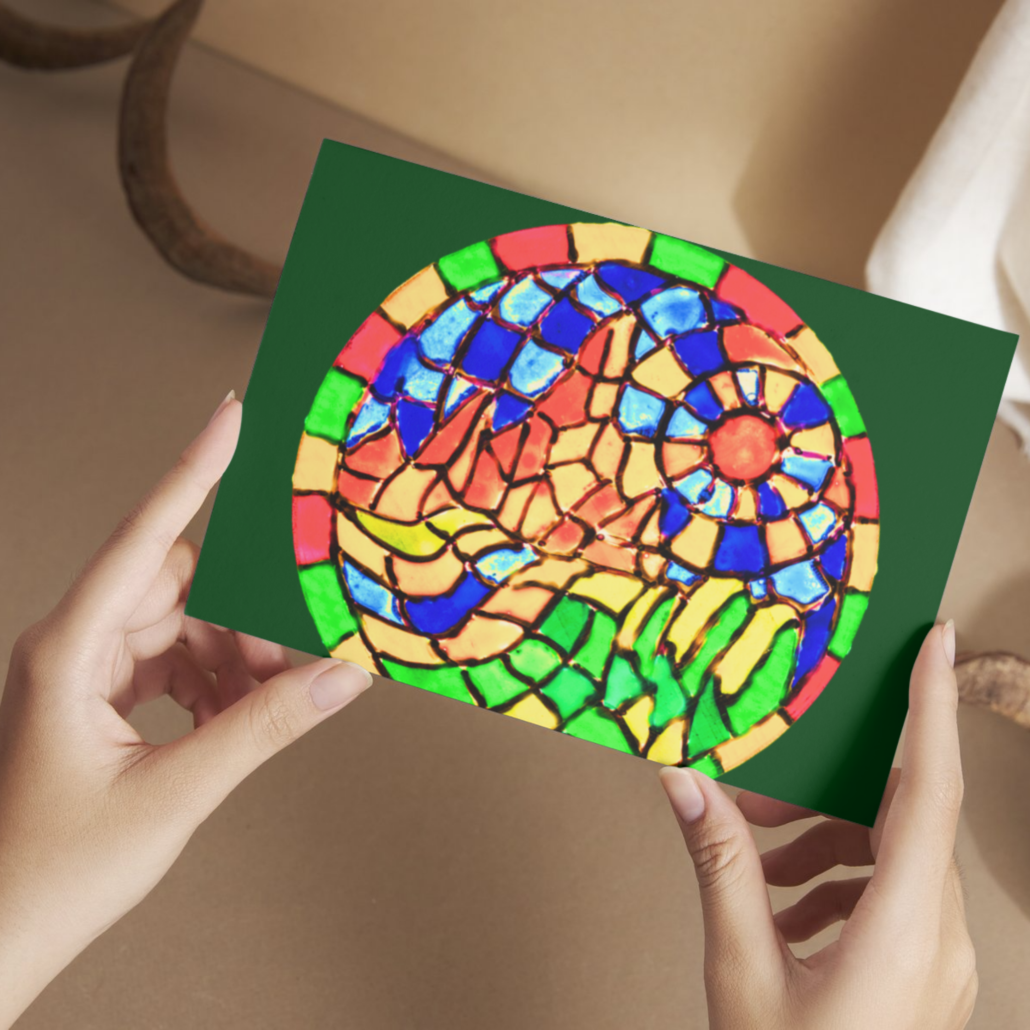 Stained Glass Mountain Landscape — Original Acrylic Painting Card | Scenic Nature Art Gift