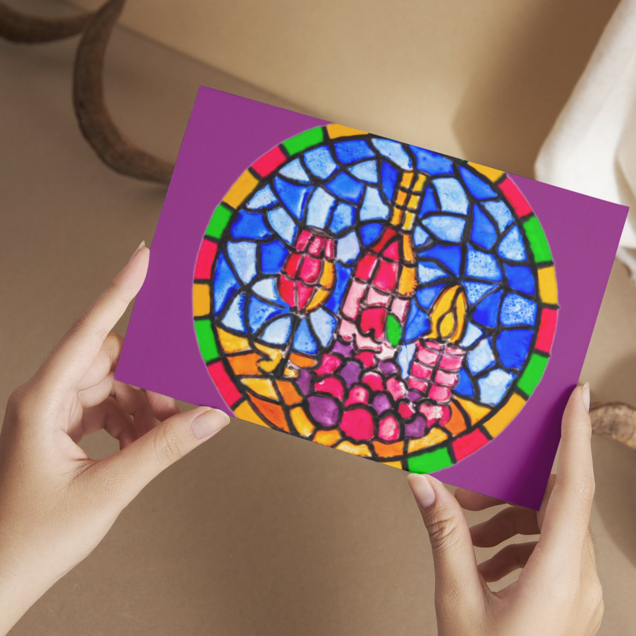 Stained Glass Wine & Candlelight — Original Acrylic Painting Card | Vibrant Art Gift