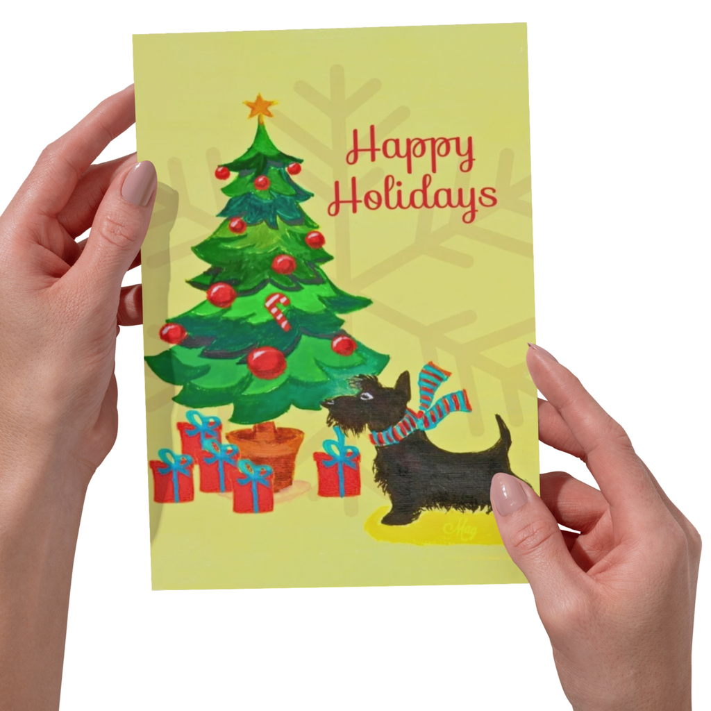 Happy Holidays Scottie Dog & Christmas Tree — Original Acrylic Painting Card | Dog Lover Festive Gift