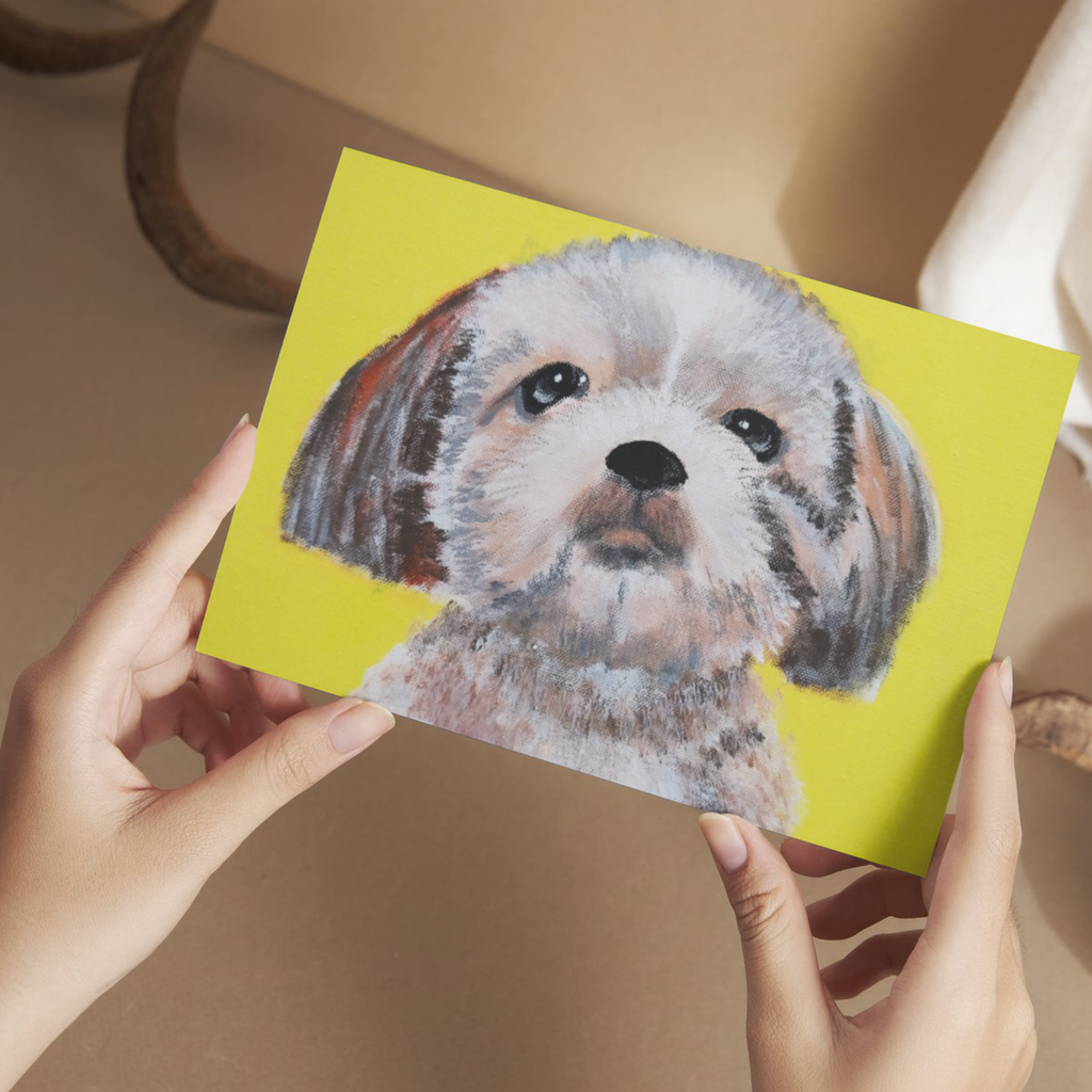 Original Acrylic Dog Portrait Art Card – Bright Yellow Background