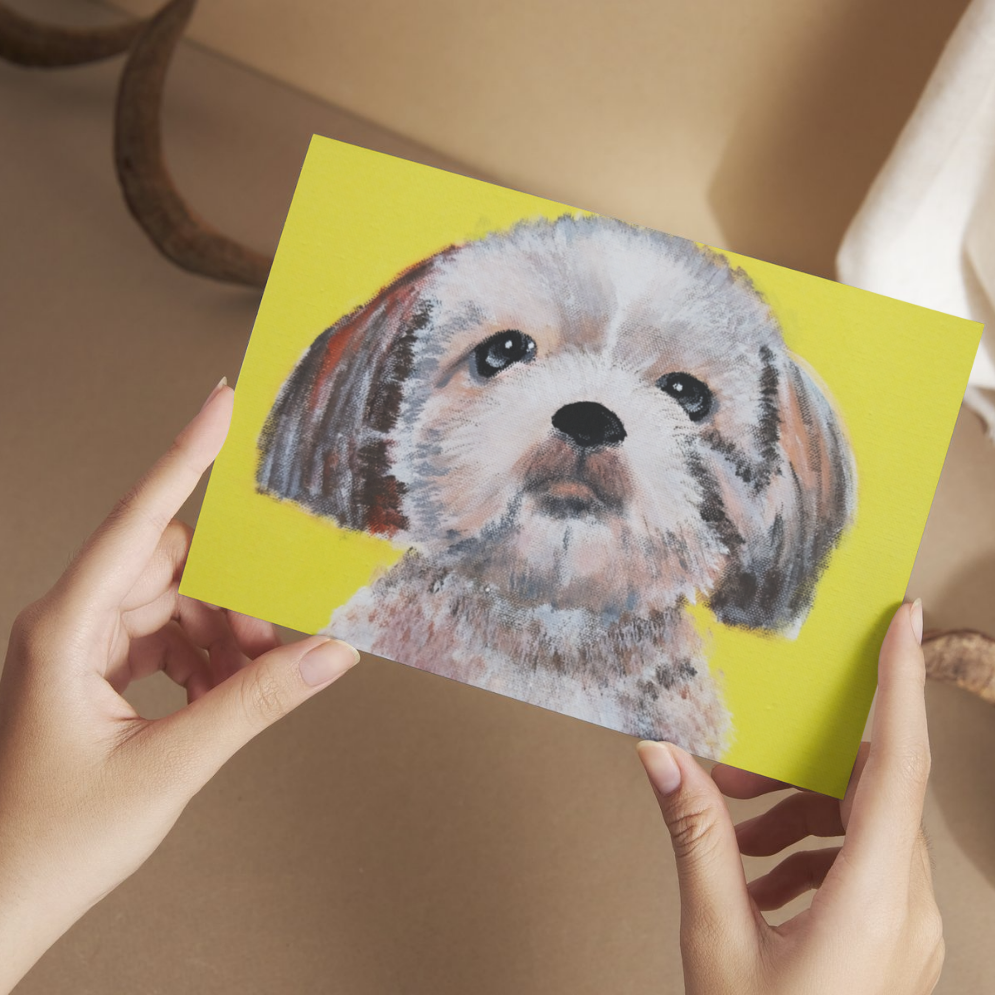 Original Acrylic Dog Portrait Art Card – Bright Yellow Background