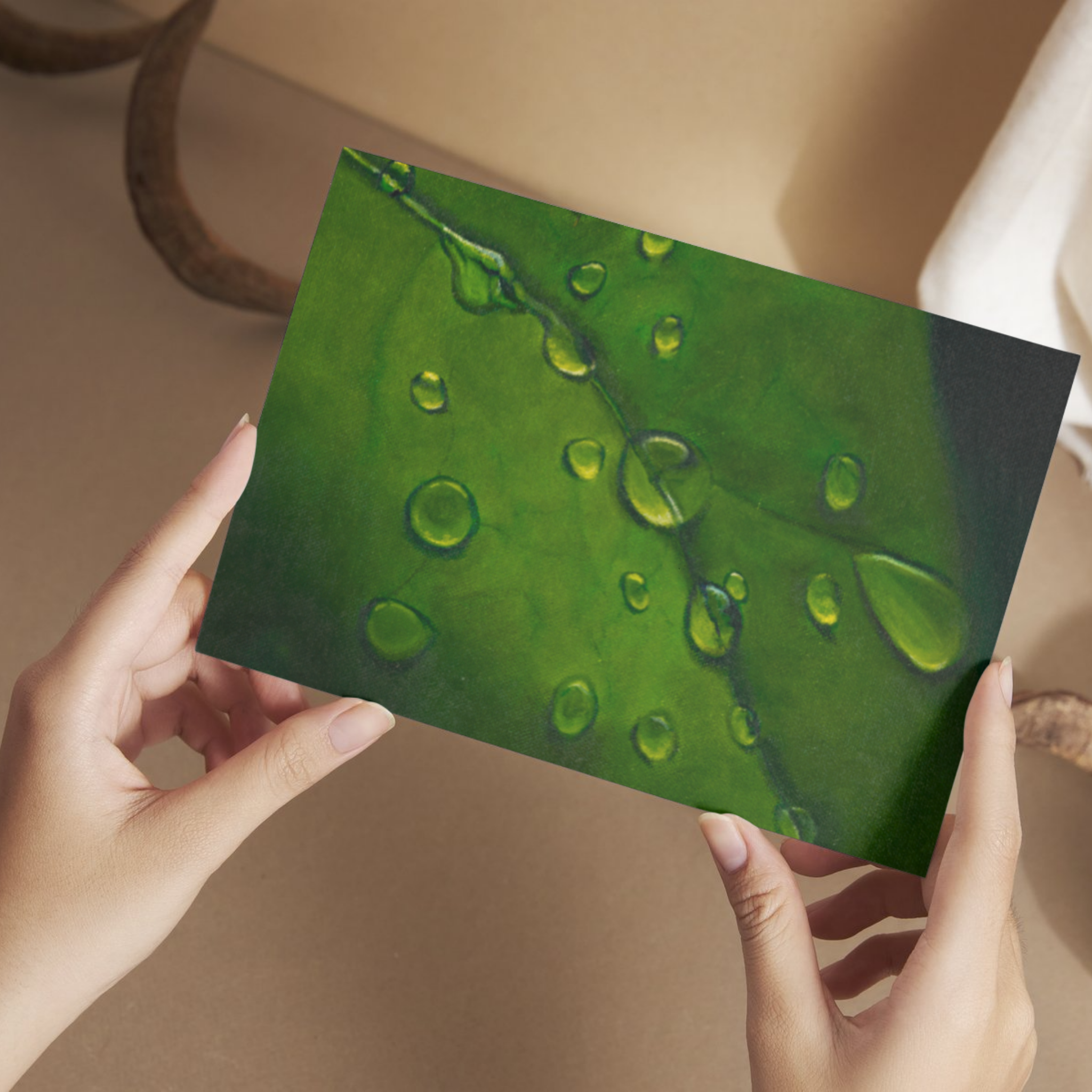 Dewdrop Leaf Floral Card – Acrylic Painting Design